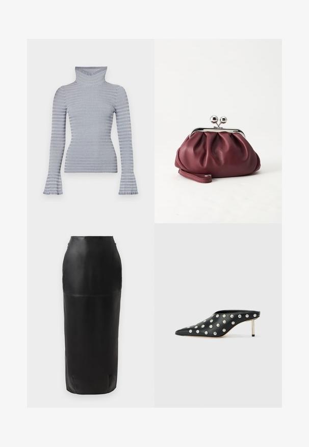 Pull à col roulé côtelé rayé gris clair et blanc avec des manches longues et des poignets légèrement évasés sur fond blanc.; Jupe midi en cuir noir avec une silhouette ajustée, texture lisse, taille haute et fermeture éclair discrète sur le côté. Aucun motif ni accent.; STAND STUDIO KELSEY - Mules à talons - black; Petit sac pochette en cuir bordeaux avec fermoir métallique argenté et bracelet sur fond blanc.