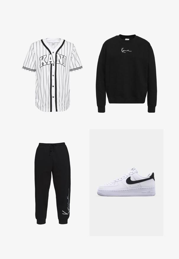Zwarte sweatshirt van katoen met een ronde hals. Heeft een wit geborduurd logo op de borst en ribgebreide manchetten en onderrand.; Witte baseball jersey met korte mouwen en zwarte strepen, met een knoopsluiting aan de voorkant en het woord "KANI" prominent weergegeven in zwarte letters.; Zwarte sweatpants van katoen, met een elastische tailleband en trekkoord, taps toelopende pijpen en een wit logo op de linkerkant.; Witte leren sneaker met een gestructureerde zwarte Swoosh, platte veters en een rubberen zool met een geribbeld patroon. "AIR" is in de hak geperst.
