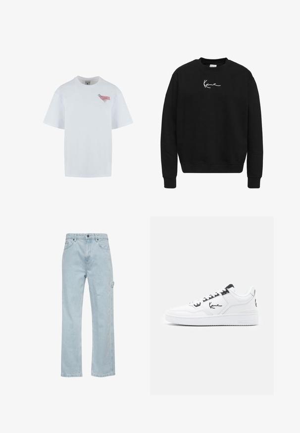Sort sweatshirt lavet af bomuld med rund hals. Har et hvidt broderet logo på brystet samt ribbede ærmekanter og kant.; Hvid bomulds t-shirt med rund halsudskæring, korte ærmer og en farverig grafisk applikation på venstre bryst med tekst og mønstre.; Lysblå denim jeans med lige ben-design, der har for- og baglommer samt en sidelomme til cargo. Glat tekstur, afslappet stil.; Hvide lædersneakers med sorte detaljer, der har et signaturlogo på siden, rund tå og tekstureret gummisål.