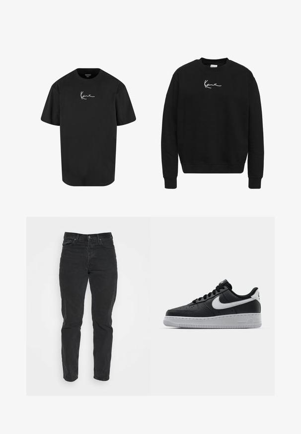 Zwarte sweatshirt van katoen met een ronde hals. Heeft een wit geborduurd logo op de borst en ribgebreide manchetten en onderrand.; Zwarte katoenen t-shirt met korte mouwen, ronde hals en een witte handtekeninglogo gedrukt op de voorkant. Soepele textuur en een ontspannen pasvorm.; Zwarte denim jeans met een recht model, vijf zakken, sluiting met een knop aan de voorkant en contrasterende stiksels. Gladde textuur met lichte slijtage zichtbaar.; Zwarte lederen sneaker met een textuur oppervlak, witte Nike swoosh, grijze zool, ronde neus en vetersluiting. Bevat perforaties op de neus.