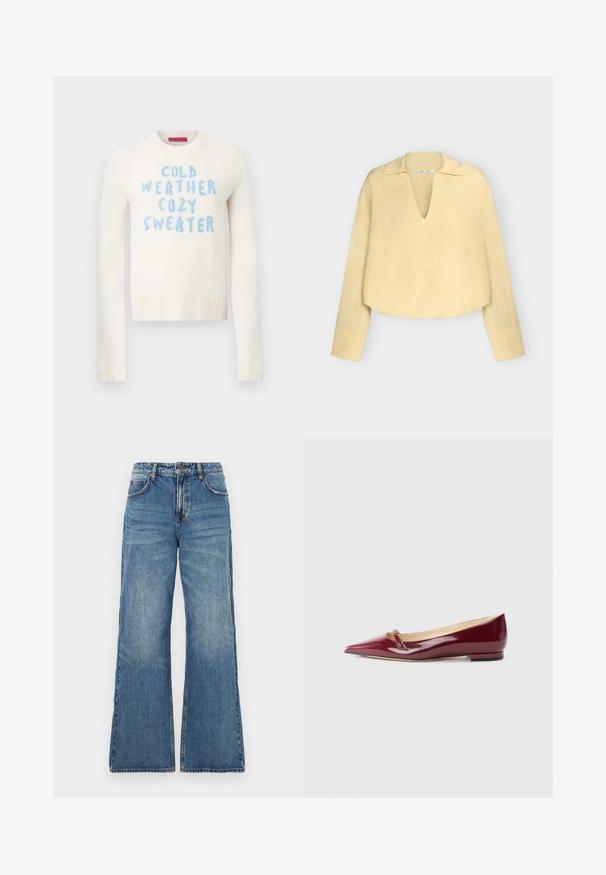 Kremfarvet sweater med ribbede manchetter og kant, med blå tekst: "COLD WEATHER COZY SWEATER." Blød tekstur, rund halsudskæring.; Langærmet, lys gul bluse med dyb V-hals og krave, med en løs, let kortet pasform.; Lys blå denim jeans med høj talje, brede udvidede ben og klassisk fem-lomme design. Bleg tekstur med synlige syningsdetaljer.; Bordeaux patenteret læderballerinaer med spids tå, der har en lille udskæring og en lav hæl. Glat tekstur og elegant design.