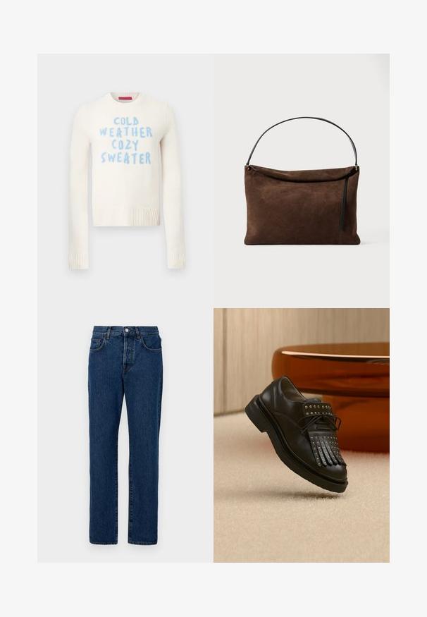 Kremfarvet sweater med ribbede manchetter og kant, med blå tekst: "COLD WEATHER COZY SWEATER." Blød tekstur, rund halsudskæring.; Mørkeblå denimjeans med klassisk lige benudskæring, fem lommer og synlig syning. Stoffet har en let struktur.; Sort læder snøresko med dekorativ frynse og metalnitter placeret på beige tæppe nær brunt møbel.; Brun skuldertaske i ruskind med sort læderrem og lynlås, rektangulær form, minimalistisk design på ensfarvet baggrund.