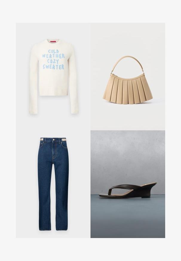 Kermanvärinen villapaita, jossa on resorit hihoissa ja helmassa. Paidassa sinisellä teksti: "COLD WEATHER COZY SWEATER". Pehmeä rakenne, pyöreä pääntie.; Rabanne Straight leg -farkut - dark blue denim; Musta kiilakorkosandaali, jossa varvassandaalikiinnitys, asetettuna puiselle laudalle ja kivipinnalle ulkona lähellä vihreitä kasveja ja betoniseinää.; Beige värinen laskostettu käsilaukku, jossa kaareva ylävetoketju ja yksittäinen kaareva kahva, esillä valkoisella taustalla.