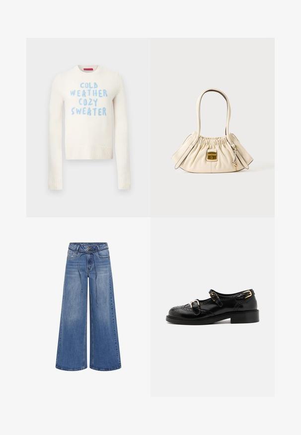 Kremfarvet sweater med ribbede manchetter og kant, med blå tekst: "COLD WEATHER COZY SWEATER." Blød tekstur, rund halsudskæring.; My Essential Wardrobe MWKARO 144 MID XWIDE - Wide leg - medium blue wash; Sorte lædersko med brogue-detaljer, der har to spænder, rund tå og lav hæl. Glat tekstur med blank finish.; Cremefarvet blødt læderhåndtaske med samlet top, to håndtag og en lille rektangulær lås i guldfarve foran.
