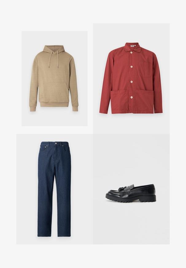 Beige hoodie met een ruitvormige doorgestikte textuur, een voorzak, een capuchon met trekkoord en geribbelde boorden en zoom.; Jas met lange mouwen in roestrood, met knopen, een kraag, één borstzak en twee lagere voorzakken, plat gelegd op een witte achtergrond.; Donkerblauwe spijkerbroek met verticale witte krijtstrepen, rechte pijp, vijf zakken en metalen details bij de taille.; Zwarte leren loafers met een glanzende afwerking, een dikke rubberen zool en een decoratieve kwastdetail aan de voorkant.