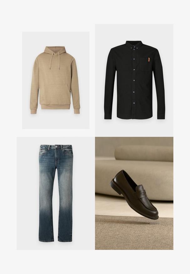 Beige hoodie met een ruitvormige doorgestikte textuur, een voorzak, een capuchon met trekkoord en geribbelde boorden en zoom.; Zwart katoenen shirt met lange mouwen, voorzien van een knoopsluiting aan de voorkant, een borstzak met een beige accent en blauwe knopen.; Rechstreeks gesneden blauwe denim jeans voor heren met een vervaagde was en vijf zakken, tegen een witte achtergrond.; Enkele donkerbruine leren instapper zweeft boven een beige, gestructureerd tapijt, met een wazige beige bank op de achtergrond.