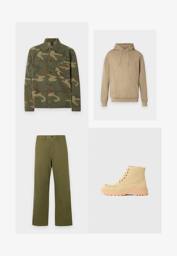 Sweat à capuche beige avec texture matelassée en losanges, poche kangourou frontale, capuche à cordon de serrage, et poignets et ourlet côtelés.; Chemise à manches longues boutonnée avec motif camouflage vert et marron et une poche poitrine, présentée à plat sur fond blanc.; Pantalon vert olive en coton, doté d'une coupe droite, d'une fermeture à bouton sur le devant et de passants pour ceinture. Style minimaliste sans motifs.; Bottines en daim beige avec une semelle en caoutchouc beige, présentant un design à lacets et des coutures visibles le long des bords.