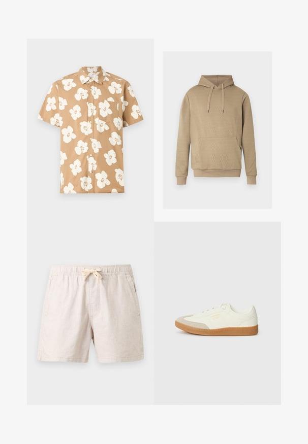 Sweat à capuche beige avec texture matelassée en losanges, poche kangourou frontale, capuche à cordon de serrage, et poignets et ourlet côtelés.; Chemise beige à manches courtes avec boutons, grand imprimé floral blanc et poche poitrine, affichée sur un fond plat gris clair.; Shorts beige décontractés avec taille élastique, lien à l'avant, poches latérales et ourlets droits, posés à plat sur un fond gris.; Baskets en cuir blanc avec une coque beige et une semelle en caoutchouc marron clair. Dotées de lacets blancs plats et d'un logo embossé sur le côté.