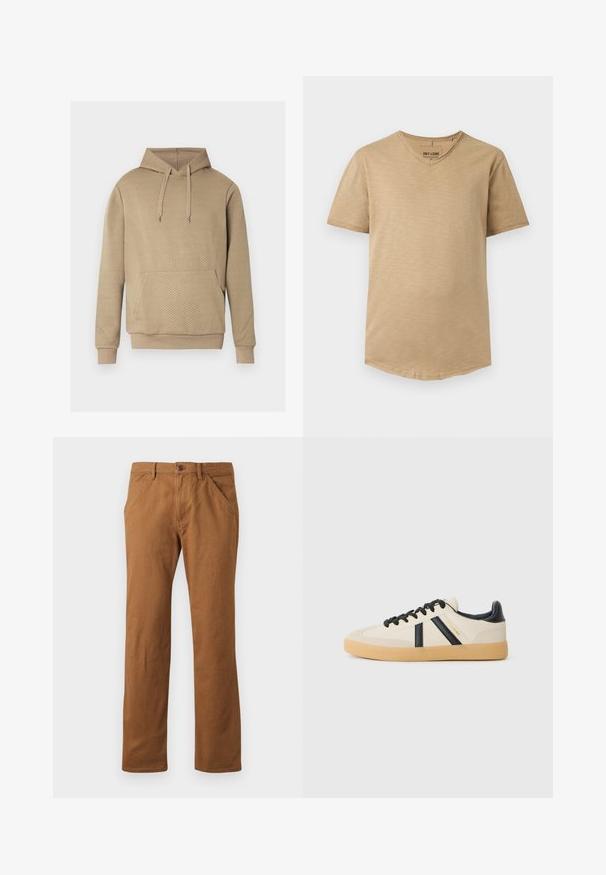 Sweat à capuche beige avec texture matelassée en losanges, poche kangourou frontale, capuche à cordon de serrage, et poignets et ourlet côtelés.; T-shirt beige homme à manches courtes et col en V, coupe slim et texture subtile, présenté à plat sur fond blanc.; Pantalons en coton marron à coupe droite, avec une fermeture à bouton, des poches latérales et une texture lisse. Convient pour une tenue décontractée.; Baskets décontractées en crème avec des rayures noires, présentant un dessus texturé et une semelle en caoutchouc. Les lacets sont noirs. Logo discret sur le côté.