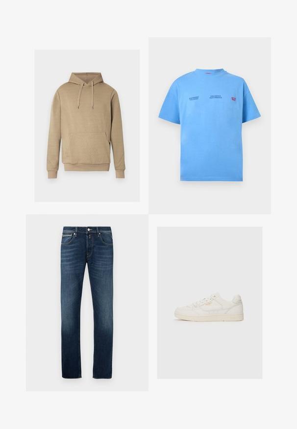 Beige Kapuzenpullover mit diamantsteppter Textur, vorderer Kängurutasche, Kordelzugkapuze sowie gerippten Bündchen und Saum.; Hellblaues Kurzarm-T-Shirt mit Rundhalsausschnitt, das kleine schwarze Schriftzüge "Engineered for Speed" und "Precision & Performance" sowie roten Schriftzug "On the Track" zeigt.; Dunkelblaue Gerade geschnittene Jeans mit leichter Ausbleichung an den Oberschenkeln, fünf Taschen und einem metallenen Knopfverschluss an der Taille.; Weiße Leder-Sneaker mit glatter Textur, versehen mit perforierten Akzenten, Schnürung an der Vorderseite und einem subtilen Logo in Gold an der Seite.