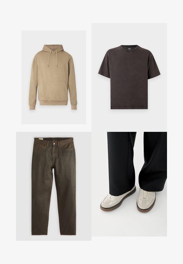 Beige hoodie met een ruitvormige doorgestikte textuur, een voorzak, een capuchon met trekkoord en geribbelde boorden en zoom.; Donkergrijs T-shirt met korte mouwen en ronde hals, met een losse pasvorm, zichtbare naden en een klein "GAP"-logo aan de binnenkant van de kraag.; Donkergroene denim jeans met een rechte snit, voorzien van koperen stiksels, een klassiek vijfzakdesign en een knoopsluiting.; Voeten met beige sneakers met bruine zolen en zwarte wijde broekspijpen op een witte achtergrond.