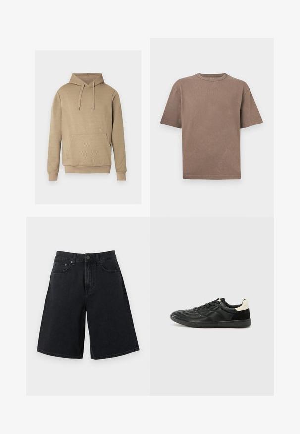 Sweat à capuche beige avec texture matelassée en losanges, poche kangourou frontale, capuche à cordon de serrage, et poignets et ourlet côtelés.; T-shirt en coton brun uni à manches courtes, col rond et coupe décontractée, présenté sur un fond gris clair.; Short en jean noir taille haute avec fermeture par bouton et zip, poches avant et poche monnaie, silhouette à jambes larges sur fond gris clair.; ALDO THEPITCH - Baskets basses - black