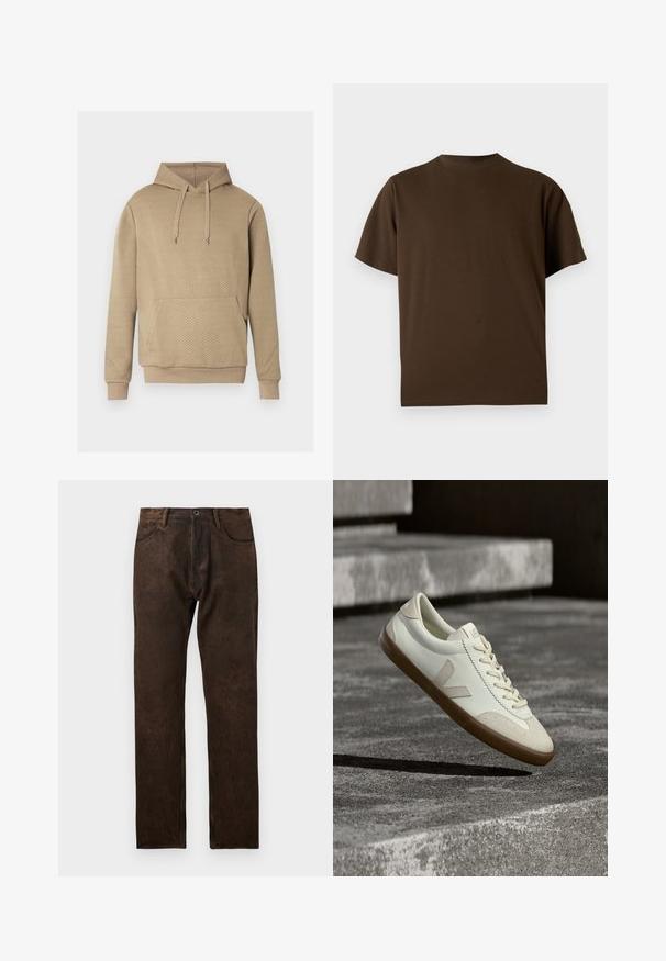 Beige Kapuzenpullover mit diamantsteppter Textur, vorderer Kängurutasche, Kordelzugkapuze sowie gerippten Bündchen und Saum.; Braunes T-Shirt mit kurzen Ärmeln und Rundhalsausschnitt, schlichtes Design, auf weißem Hintergrund dargestellt.; Braune Denim-Jeans mit leicht abgenutzter Struktur, gerade Beinform, fünf Taschen und einem Knopfverschluss an der Taille.; Weiße Leder-Sneaker mit beige-gummiartiger Sohle, flachen Schnürsenkeln und V-förmigem Akzent an der Seite. Verfügt über eine glatte Oberfläche und minimale Nahtdetails.