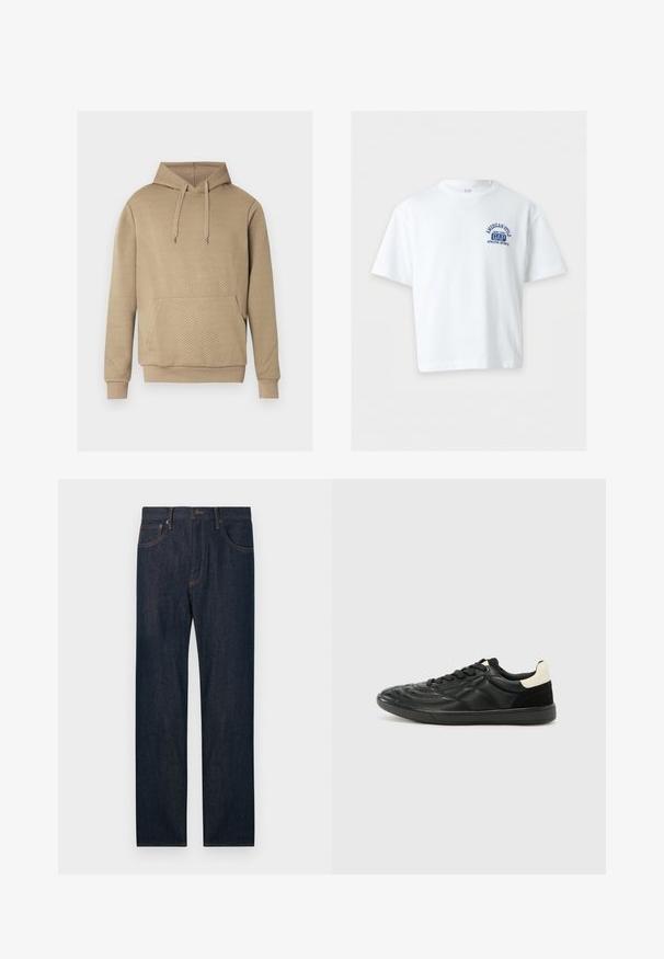 Sweat à capuche beige avec texture matelassée en losanges, poche kangourou frontale, capuche à cordon de serrage, et poignets et ourlet côtelés.; T-shirt GAP blanc à manches courtes avec le texte bleu "American Style New York GAP Athletic Sports" sur la poitrine gauche, présenté sur un fond uni.; Jean en denim bleu foncé à jambes droites avec poches avant et arrière, un bouton et des passants pour ceinture.; ALDO THEPITCH - Baskets basses - black