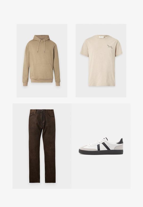 Beige hættetrøje med diamant quiltet struktur, frontlomme, snøre i hætten samt ribstrikkede manchetter og kant.; Beige t-shirt med korte ærmer med lille sort tekst "Natural Culture" og insektgrafik på øverste venstre bryst, label "Pier One" inde i kraven.; Brune denim jeans med en let slidtegn, lige ben-design, fem lommer og en knaplukning i taljen.; Hvide sneakers med sorte og grå detaljer, med en tekstureret grå tåhætte, sort gummisål og flade hvide snørebånd. Rent design, minimalistisk stil.