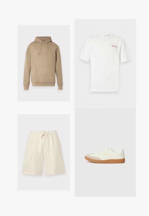 Sweat à capuche beige avec texture matelassée en losanges, poche kangourou frontale, capuche à cordon de serrage, et poignets et ourlet côtelés.; T-shirt en coton blanc à manches courtes et col rond. Présente un logo rouge brodé sur la partie gauche de la poitrine.; Shorts crème arrivant aux genoux avec une taille à cordon de serrage et une coupe ample, confectionnés dans un tissu léger.; Baskets en cuir blanc avec une coque beige et une semelle en caoutchouc marron clair. Dotées de lacets blancs plats et d'un logo embossé sur le côté.