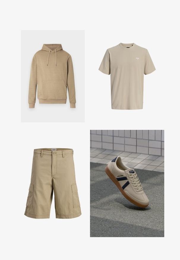 Sweat à capuche beige avec texture matelassée en losanges, poche kangourou frontale, capuche à cordon de serrage, et poignets et ourlet côtelés.; T-shirt beige à manches courtes et col rond avec un petit logo texte blanc sur la poitrine gauche.; Short cargo beige longueur genou avec fermeture à bouton et zip devant et deux poches latérales à rabat.; Baskets beiges avec une finition texturée, bandes navy et semelle en caoutchouc. Équipées d'une languette rembourrée et d'un système de laçage traditionnel pour un maintien sécurisé.