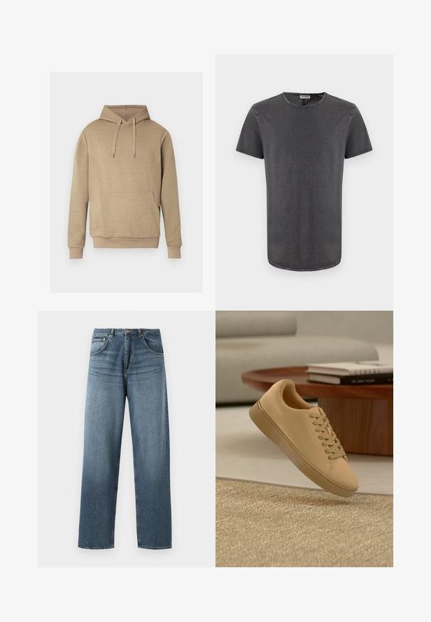 Beige Kapuzenpullover mit diamantsteppter Textur, vorderer Kängurutasche, Kordelzugkapuze sowie gerippten Bündchen und Saum.; Graues Kurzarm-T-Shirt mit rundem Ausschnitt, aus weichem Stoff gefertigt, mit leicht abgerundetem Saum und sichtbaren Nähten.; Gerade geschnittene blaue Jeans aus Denim mit gewaschenem Finish, ausgestattet mit einem Fünf-Taschen-Design, Metallknopf und Gürtelschlaufen. Robustes, mittelschweres Material.; Beiger geschnürter Sneaker, der über einem strukturierten Teppich mit Holzcouchtisch und gestapelten Büchern im verschwommenen Hintergrund schwebt.