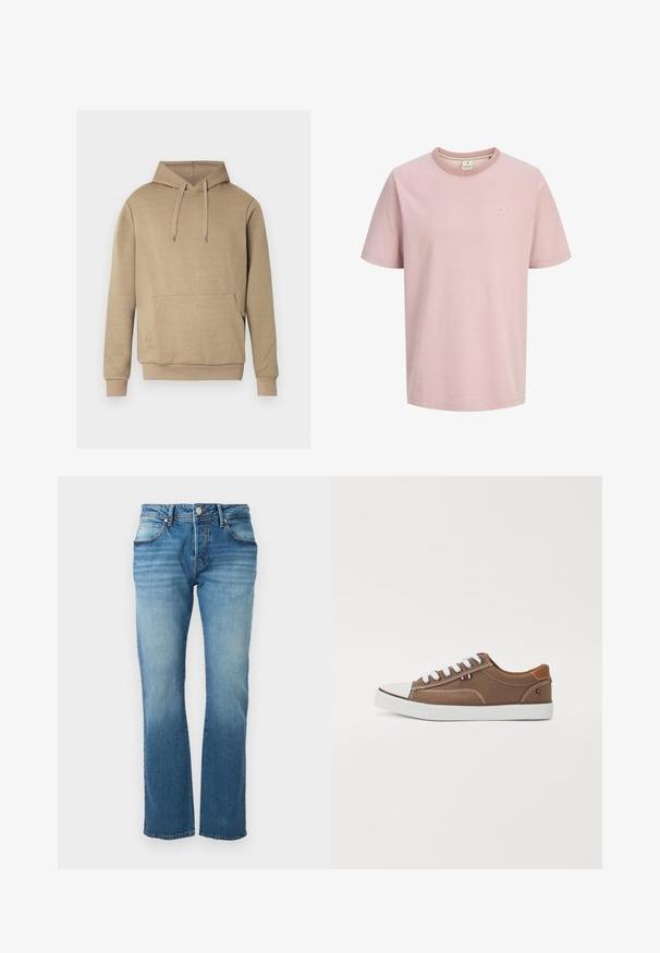 Sweat à capuche beige avec texture matelassée en losanges, poche kangourou frontale, capuche à cordon de serrage, et poignets et ourlet côtelés.; T-shirt rose clair à manches courtes, col rond, avec un petit logo blanc sur la poitrine gauche et un design simple et épuré.; Jean en denim bleu avec un effet délavé, design classique à cinq poches, fermeture par bouton et zip, coupe droite.; Baskets en toile brunes avec lacets blancs, embout en caoutchouc et accents contrastants beige sur le talon, présentant un petit emblème tricolore.
