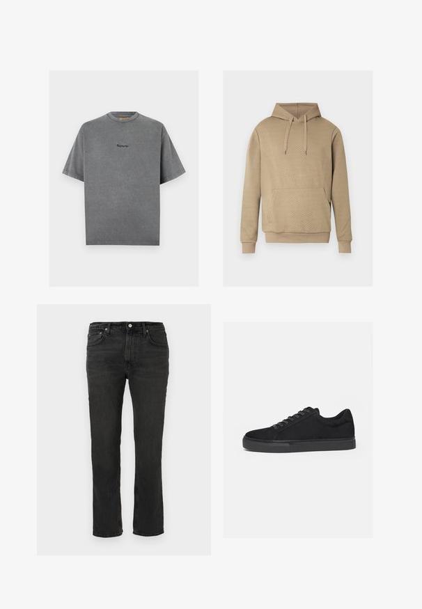 Sweat à capuche beige avec texture matelassée en losanges, poche kangourou frontale, capuche à cordon de serrage, et poignets et ourlet côtelés.; T-shirt gris charbon à manches courtes, col rond, avec petit logo "Replay Inc." brodé centré sur la poitrine.; Jean denim noir à jambes droites avec cinq poches et passants pour ceinture, fermeture à bouton sur le devant, et détails de couture visibles.; Baskets basses noires avec fermeture à lacets à l'avant et semelle en caoutchouc plate, vues de profil sur fond blanc.