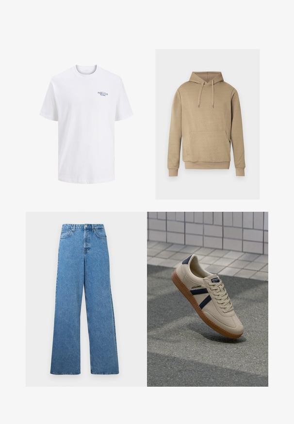 Beige hoodie met een ruitvormige doorgestikte textuur, een voorzak, een capuchon met trekkoord en geribbelde boorden en zoom.; Witte katoenen t-shirt met een ronde hals, voorzien van een klein blauw gedrukt logo op de borst met de tekst "PADEL CLUB Barcelona." Korte mouwen.; Blauwe denim jeans met een hoge taille, wijde pijpen, knopen aan de voorkant, ritssluiting, riemlussen en voor- en achterzakken.; Beige sneaker met een textuurafwerking, marineblauwe strepen en een rubberen zool. Heeft een gevoerde tong en een traditioneel vetersysteem voor een veilige pasvorm.