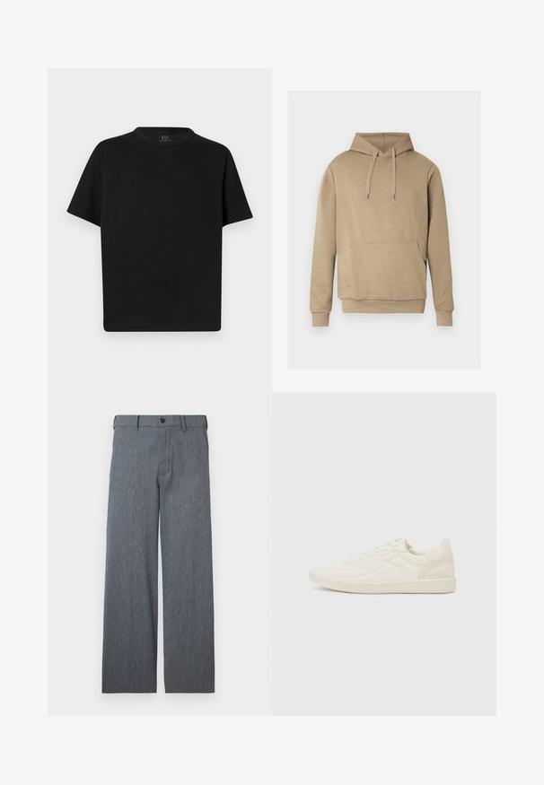 Sweat à capuche beige avec texture matelassée en losanges, poche kangourou frontale, capuche à cordon de serrage, et poignets et ourlet côtelés.; T-shirt noir à manches courtes avec col rond, coupe classique, présenté à plat sur un fond clair.; Pantalon gris à coupe droite avec passants pour ceinture, fermeture par bouton, et tissu subtilement texturé, présenté sur un fond blanc.; ALDO THEPITCH - Baskets basses - white