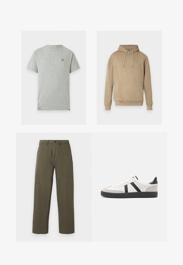 Sweat à capuche beige avec texture matelassée en losanges, poche kangourou frontale, capuche à cordon de serrage, et poignets et ourlet côtelés.; T-shirt gris à manches courtes en coton, avec un col rond et un petit logo noir sur le côté gauche de la poitrine. Design simple.; Pantalon droit vert olive avec passants de ceinture, fermeture avant à boutons et poches latérales, présenté sur un fond blanc.; Baskets blanches avec des accents noirs et gris, présentant un embout texturé gris, une semelle en caoutchouc noir et des lacets plats blancs. Design épuré, style minimaliste.