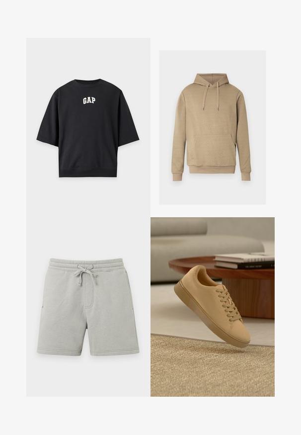 Sweat à capuche beige avec texture matelassée en losanges, poche kangourou frontale, capuche à cordon de serrage, et poignets et ourlet côtelés.; T-shirt noir oversize à manches courtes avec le logo blanc "GAP" imprimé au centre devant sur un fond uni.; Shorts en coton gris clair avec ceinture élastique, cordon de serrage, poches latérales et coupe mi-cuisses.; Baskets beiges à lacets flottant au-dessus d'un tapis texturé avec une table basse en bois et des livres empilés en arrière-plan flou.
