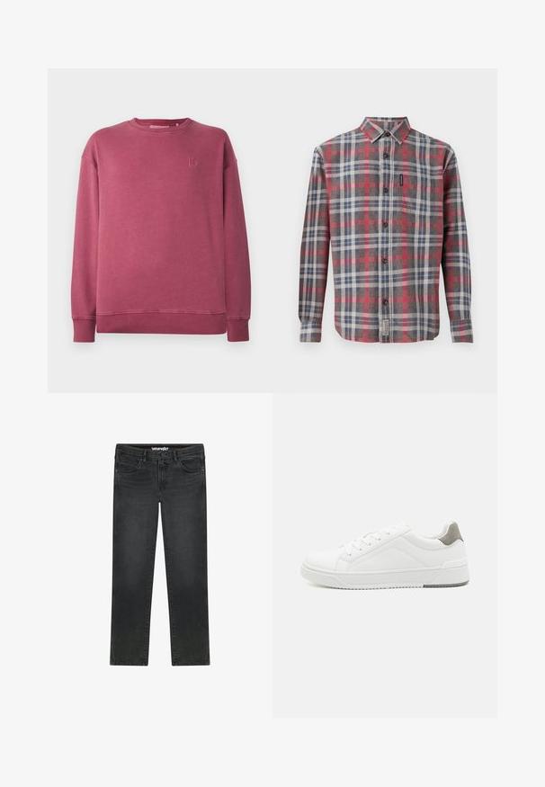 Langemouwen crewneck sweatshirt in gewassen rozenkleur met ribbelmanchetten en -zoom, en subtiel geborduurd logo op de linkerkant van de borst.; Geruite knoopshirt in grijs, rood en blauwe tinten. Lange mouwen, puntige kraag, voorzak en donkere knopen. Gestructureerde stof.; Zwarte Wrangler jeans met rechte pijpen, voorste knoop, rits, riemlussen en een ontwerp met vijf zakken op witte achtergrond.; Witte sneaker van glad leer met een ronde neus, minimalistisch ontwerp, grijze hielaccent en een geplaatste rubberen zool.