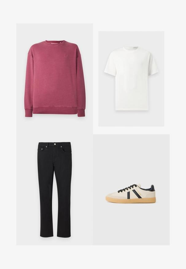Sweatshirt à manches longues en couleur rose délavé avec des poignets et un ourlet côtelés, et un logo brodé subtil sur la poitrine gauche.; T-shirt blanc uni à manches courtes et col rond présenté sur un fond gris clair.; Jean en denim noir avec une coupe droite, comportant cinq poches et des accessoires en métal argenté, avec une texture lisse. Sans motifs ni accents.; Baskets décontractées en crème avec des rayures noires, présentant un dessus texturé et une semelle en caoutchouc. Les lacets sont noirs. Logo discret sur le côté.