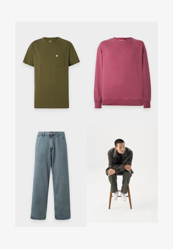 Langärmliges Sweatshirt mit Rundhalsausschnitt in gewaschenem Rosaton, mit gerippten Bündchen und Saum sowie dezent gesticktem Logo auf der linken Brust.; Olivenfarbiges Baumwoll-T-Shirt mit Rundhalsausschnitt, kurzen Ärmeln und einer Brusttasche auf der linken Seite, die ein kleines Markenetikett trägt. Glatte Textur.; Hellblaue Denim-Hosen mit geradem Bein, ausgestattet mit einem klassischen Knopfverschluss und einem Fünf-Taschen-Design. Weiche Textur und minimale Nähdetails.; Junger Mann in dunkler Lederjacke und Jeans sitzt auf einem Holzstuhl, lehnt sich mit verschränkten Armen nach vorne und schaut seitlich vor weißem Hintergrund.