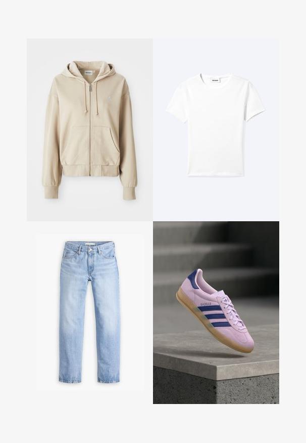 Beige vetoketjuhuppari, jossa on nyöritettävä huppu, kengurupocketit, ribbaushihansuut ja helma sekä pieni logo vasemmassa rinnassa. Pehmeä kangas.; Yksinkertainen valkoinen lyhythihainen pyöreäkauluksinen t-paita, jossa pieni "WEEKDAY" -etiketti kaula-aukon sisäpuolella, esitettynä tasaisesti vaalealla taustalla.; Vaaleansininen farkkutakki, jossa on suora lahje, viisi taskua ja keskipituinen vyötärö. Ominaisuuksiin kuuluu haalistunut pinta ja ommeltu helma.; Vaaleanvioletti Adidas Gazelle -lenkkari, jossa tummansinisiä raitoja ja kantalenkki, kumipohja, leijuu kivisen reunuksen yläpuolella, taustalla sumeita portaita.