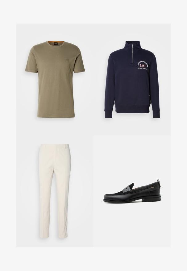 Dunkelblaues Sweatshirt mit hohem Kragen, halbem Reißverschluss, gerippten Bündchen und Saum, mit weißem Text "American Sportswear GANT."; Olivegrünes Kurzarm-T-Shirt aus Baumwolle mit Rundhalsausschnitt und einem kleinen quadratischen Logopatch auf der linken Brust. Glatte Textur.; Creamfarbene, maßgeschneiderte Hose aus strukturiertem Stoff. Verfügt über ein gerades Bein-Design, Gürtelschlaufen und zwei Vorderaschen. Keine Muster.; Schwarzer Lederloafer mit grauem Riemendetail, niedrigem Absatz und strukturierter Sohle, seitlich mit „HUGO“ in Gold gebrandmarkt.