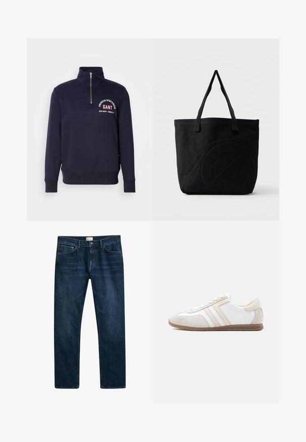 Marineblå sweatshirt med høj krave, halv lynlås, ribbede manchetter og kant, med hvid tekst der står "American Sportswear GANT."; Mørkeblå denim jeans med lige ben, knap- og lynlåslukning samt forlommer. Glat tekstur og minimal falmning.; Lavprofileret hvid og beige sko med ruskindsdetaljer, snørelukning og brun gummisål, vist i sideprofil på ensfarvet baggrund.; Sort canvas-tote-taske med to skulderstropper og et diskret præget cirkeldesign på fronten.