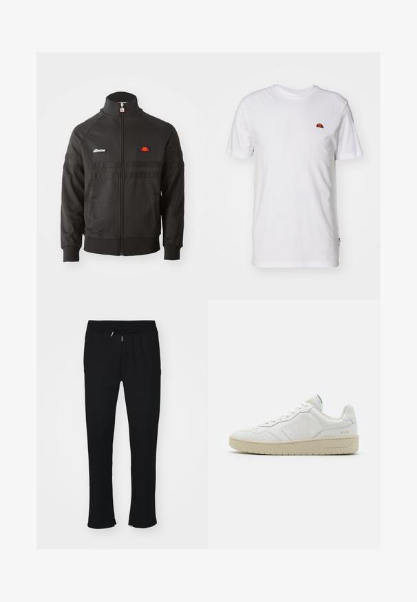 Sort zip-up sportsjakke med høj krave, ribbede manchetter og små ellesse-logoer på brystet og lynlåsen.; Enkelt hvid t-shirt med korte ærmer med et lille rødt og orange halvcirkel-logo på øverste venstre brystområde.; Sorte joggingbukser lavet af blødt stof, med elastisk talje og snor, slids ved kanten og subtil mønstret struktur.; Hvide lædersneakers med struktureret overflade og polstret krave. Har en beige gummisål og diskret branding på hælen og siden.