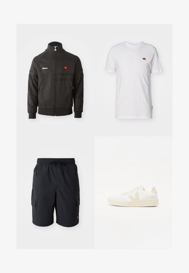 Zwarte sportjack met ritssluiting en hoge kraag, geribde manchetten en kleine ellesse logo patches op de borst en ritstrekkertje.; Witte katoenen t-shirt met korte mouwen en een ronde hals. Bevat een klein kleurrijk logo op de linkerkant van de borst. Zachte textuur.; Zwarte cargoshorts met een elastische tailleband en trekkoord, uitgerust met zijzakken met ritsen en een zak op de bovenbeen.; Witte sneaker met beige accenten, voorzien van een gestructureerde bovenkant, ronde neus en een dikke rubberen zool. Het ontwerp bevat het iconische V-logo en merkbranding.