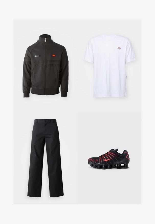 Zwarte sportjack met ritssluiting en hoge kraag, geribde manchetten en kleine ellesse logo patches op de borst en ritstrekkertje.; Witte katoenen t-shirt met een v-hals en korte mouwen. Kenmerkt zich door een klein kleurrijk geborduurd logo op de linkerkant van de borst. Zachte textuur.; Zwarte wijde broek van katoen. Voorzien van een knoopsluiting, riemlussen en zijzakken. Gladde textuur met een op maat gemaakte snit.; Zwarte sportschoenen met rode accenten, voorzien van een gestructureerde mesh bovenkant, een uniek golvend ontwerp en een gevormde, gedempte zool.