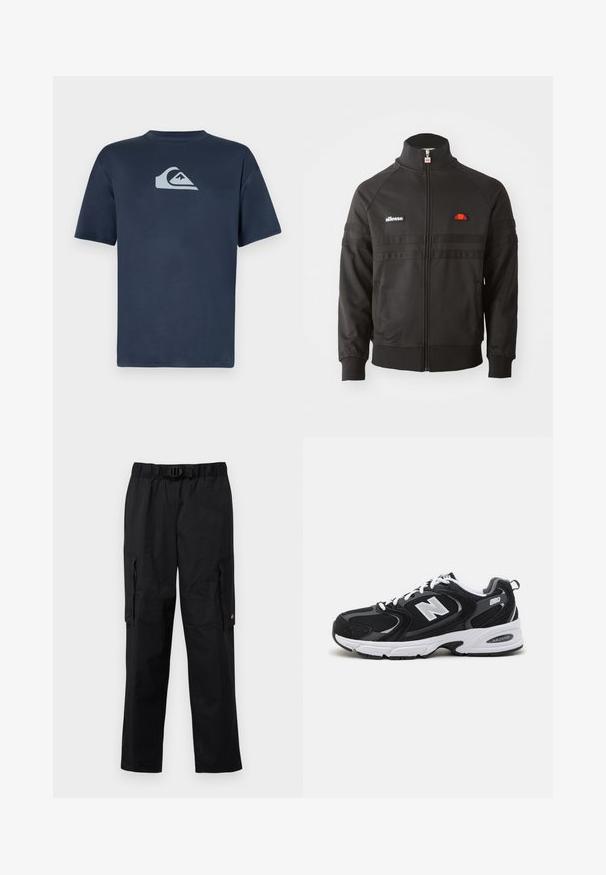 Zwarte sportjack met ritssluiting en hoge kraag, geribde manchetten en kleine ellesse logo patches op de borst en ritstrekkertje.; Marineblauwe katoenen T-shirt met korte mouwen, met een lichtgrijs logo op de borst. Glad textuur, ronde halsontwerp en reguliere pasvorm.; Zwarte cargobroek met een elastische tailleband, een verstelbare riem, meerdere zijzakken en een gladde, lichte stofstructuur.; Zwarte en grijze sport schoenen met een bovenwerk van mesh en suede, voorzien van een witte tussenzool, veters en een gedurfde "N"-logo aan de zijkant.