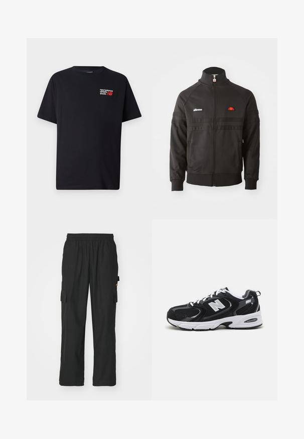 Zwarte sportjack met ritssluiting en hoge kraag, geribde manchetten en kleine ellesse logo patches op de borst en ritstrekkertje.; Zwarte katoenen t-shirt met een ronde halslijn. Heeft een klein rood en wit 'New Balance' logo en tekst op de bovenste linkerkant van de borst.; Zwarte cargobroek van lichtgewicht stof, met twee zijzakken, een elastische tailleband en een ontspannen pasvorm.; Zwarte en grijze sport schoenen met een bovenwerk van mesh en suede, voorzien van een witte tussenzool, veters en een gedurfde "N"-logo aan de zijkant.