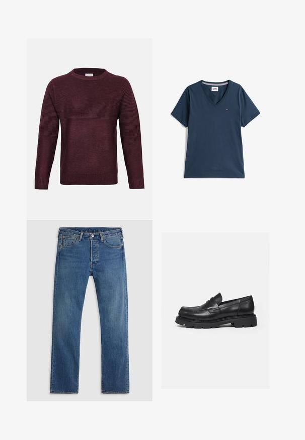 Suéter de punto color burdeos con textura acanalada horizontal en la parte superior y cuerpo liso, cuello redondo y mangas largas.; Camiseta de algodón azul marino con escote en V, mangas cortas y un pequeño detalle de logo en el pecho. Textura suave y ajuste relajado.; Vaqueros de mezclilla azul de pierna recta con cinco bolsillos, presillas para el cinturón y un cierre frontal con botón y cremallera sobre un fondo liso.; Mocasín negro de cuero con suela gruesa y acanalada y detalle de tira para moneda, mostrado en perfil lateral derecho sobre fondo blanco.