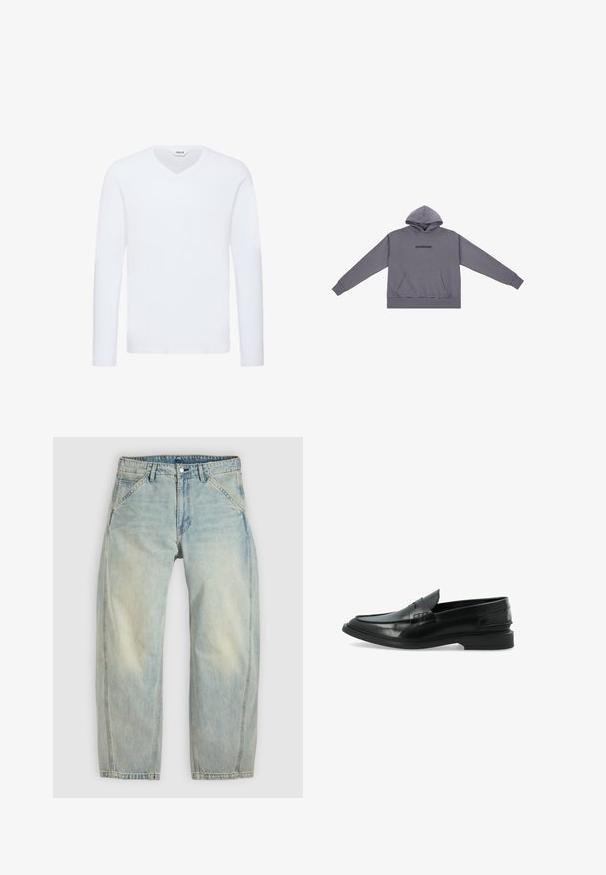 Sudadera gris con un bolsillo canguro, puños y dobladillo acanalados, capucha ajustable y texto bordado en el pecho. Tejido de algodón suave.; Camiseta blanca de manga larga y cuello en V, hecha de una suave mezcla de algodón. Presenta una textura lisa y un dobladillo recto con un detalle mínimo.; Vaqueros de pierna ancha en azul claro hechos de denim. Cuentan con cinco bolsillos, cierre de botón y zonas desgastadas para un aspecto envejecido.; Mocasines de cuero negro con un acabado suave, diseño clásico, tacón ligeramente elevado y costuras detalladas a lo largo de los bordes.