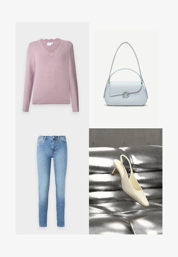 Lavendelkleurige gebreide trui met lange mouwen, een geribbelde V-hals met een scalloped ontwerp en geribbelde manchetten en onderkant.; Lichtblauwe skinny jeans van denim, met een klassieke vijf-pocketontwerp, subtiele vervaging en een standaard tailleband met een ritssluiting.; Crèmekleurige slingback kittenheel schoen met een vierkante neus, rustend op een glanzend zilverkleurig gewatteerd lederen oppervlak.; Lichtblauwe leren handtas met een afgeronde klep, zilveren ronde sluiting en twee schouderbanden tegen een effen achtergrond.