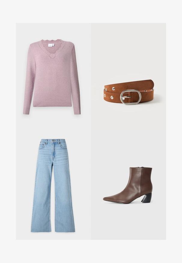 Lavendel langærmet striktrøje med bølgende V-udskæring samt ribbede manchetter og kant.; Lyseblå brede jeans lavet af denim. Høj talje, to forlommer og en slidt finish med subtil tekstur. Syninger langs sømmene.; RAID DEBRA - Ankelstøvler - brown; Brunt ruskindsbælte med sølv oval spænde og metaløjer, snoet på en hvid baggrund.