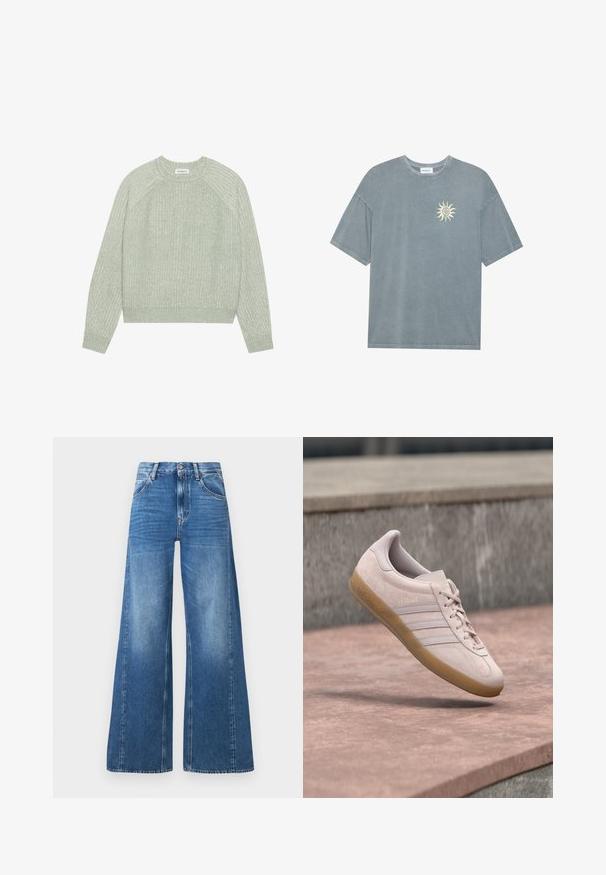 Suéter de punto color verde menta con textura acanalada, cuello redondo y mangas largas tipo raglán. El dobladillo y los puños también presentan detalles acanalados.; Camiseta oversize azul claro hecha de algodón suave, con un escote redondo y un gráfico de un sol amarillo en la parte izquierda del pecho.; Vaqueros de mezclilla azul de pierna ancha con cintura alta, que cuentan con bolsillos frontales y un aspecto desgastado, fabricados en algodón con una textura suave.; Zapatilla de ante rosa claro con suela de goma color goma. Presenta tres rayas laterales y el logo "Gazelle" en relieve en el lateral.