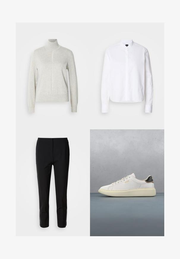 Pull léger gris avec un col haut et une fermeture éclair quart. Fabriqué à partir d'un matériau doux et texturé, il présente des manches longues et un ourlet ajusté.; Chemise blanche à col avec patte de boutonnage à l'avant, manches longues et poignets à boutons. Fabriquée en coton lisse avec une coupe structurée.; Un pantalon noir avec une coupe droite, fabriqué en tissu lisse. Présente des accents zippés sur les côtés inférieurs. Un style épuré et minimaliste.; Basket blanche avec un upper en cuir lisse, dotée d'une languette de talon en cuir beige et noir, de lacets ronds et d'une semelle en caoutchouc beige épaisse. Détail du logo doré.