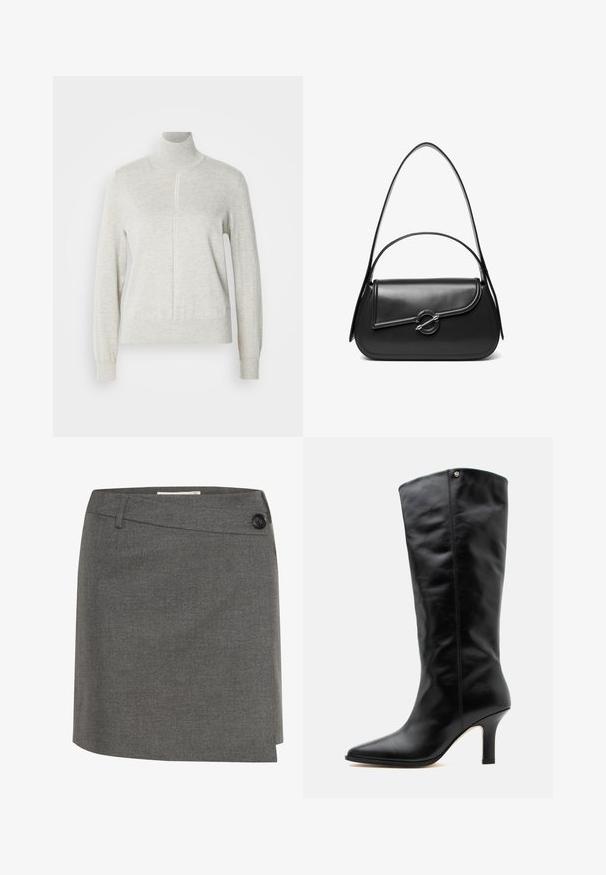 Lys grå sweater med høj krave og kvart lynlås. Lavet af et blødt, struktureret materiale, der har lange ærmer og en tætsiddende kant.; Grå nederdel lavet af et tekstureret stof, med en knap i siden og en lige silhuet med et let indviklet design.; Sort læderstøvle med medium skaft, spids tå og slank mellemhøj hæl med et lille metallogo nær den øverste kant.; Sort skuldertaske i læder med en buet klap, der er fastgjort med en rund metal spænde, og en slank, justerbar rem.