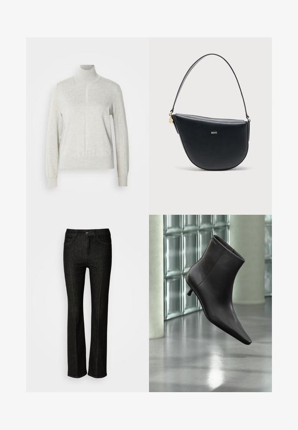 Pull léger gris avec un col haut et une fermeture éclair quart. Fabriqué à partir d'un matériau doux et texturé, il présente des manches longues et un ourlet ajusté.; Jeans en denim noir à coupe droite, avec une fermeture à bouton, cinq poches et des détails de couture subtils. Texture lisse et design classique.; Bottine en cuir noir avec bout pointu et petit talon, présentée devant un mur en blocs de verre et un sol poli.; Sac à main demi-lune en cuir noir avec une bandoulière unique et un logo BOSS doré centré sur le devant.