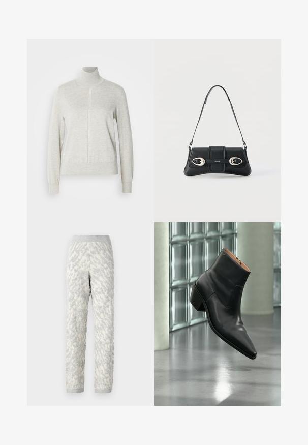 Lys grå sweater med høj krave og kvart lynlås. Lavet af et blødt, struktureret materiale, der har lange ærmer og en tætsiddende kant.; Strukturerede loungbukser i elfenben med grå mønstre, der har et blødt stof, elastisk talje og ribbede manchetter.; Sort læderankelstøvle med spids tå og blokhæl, der svæver over en reflekterende grå gulv nær en væg af glasblokke.; Sort skuldertaske i læder med to sølvspænder og justerbar rem, med "HUGO"-logo på midten foran.