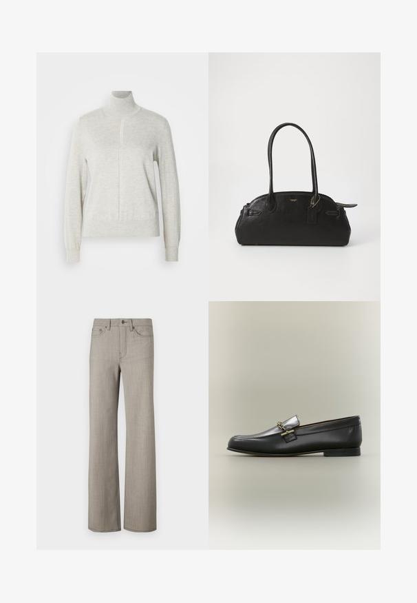 Suéter gris claro con un cuello alto y cremallera de un cuarto. Fabricado con un material suave y texturizado, cuenta con mangas largas y un dobladillo ajustado.; Pantalones de pierna ancha en un gris claro, con una tela texturizada y un acabado suave. Presenta un cierre de botón y un diseño de cinco bolsillos.; Mocasín de cuero negro con parte superior plateada, detalle de cadena dorada, tacón bajo y puntera redondeada sobre fondo neutro.; Bolso de cuero negro con forma redondeada, dos asas largas, herrajes dorados y una pequeña etiqueta adjunta. Cierre superior con cremallera.