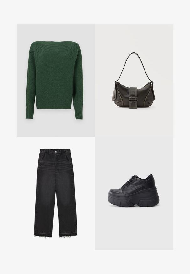 Suéter de punto verde oscuro con un acabado texturizado, escote amplio y mangas largas. El cuerpo presenta un corte recto y puños acanalados.; Pantalones de mezclilla negra con un diseño de pierna recta. Presentan una cintura alta, dobladillo deshilachado y una sutil textura descolorida en todo su alrededor. Incluye bolsillos frontales.; Zapatillas negras con cordones y suela gruesa, con parte superior de cuero suave, punta redondeada y un diseño de plataforma en capas distintivo.; Bolso de hombro de cuero negro con detalle de correa con hebilla, bordes curvos y costuras blancas en contraste sobre un fondo liso.